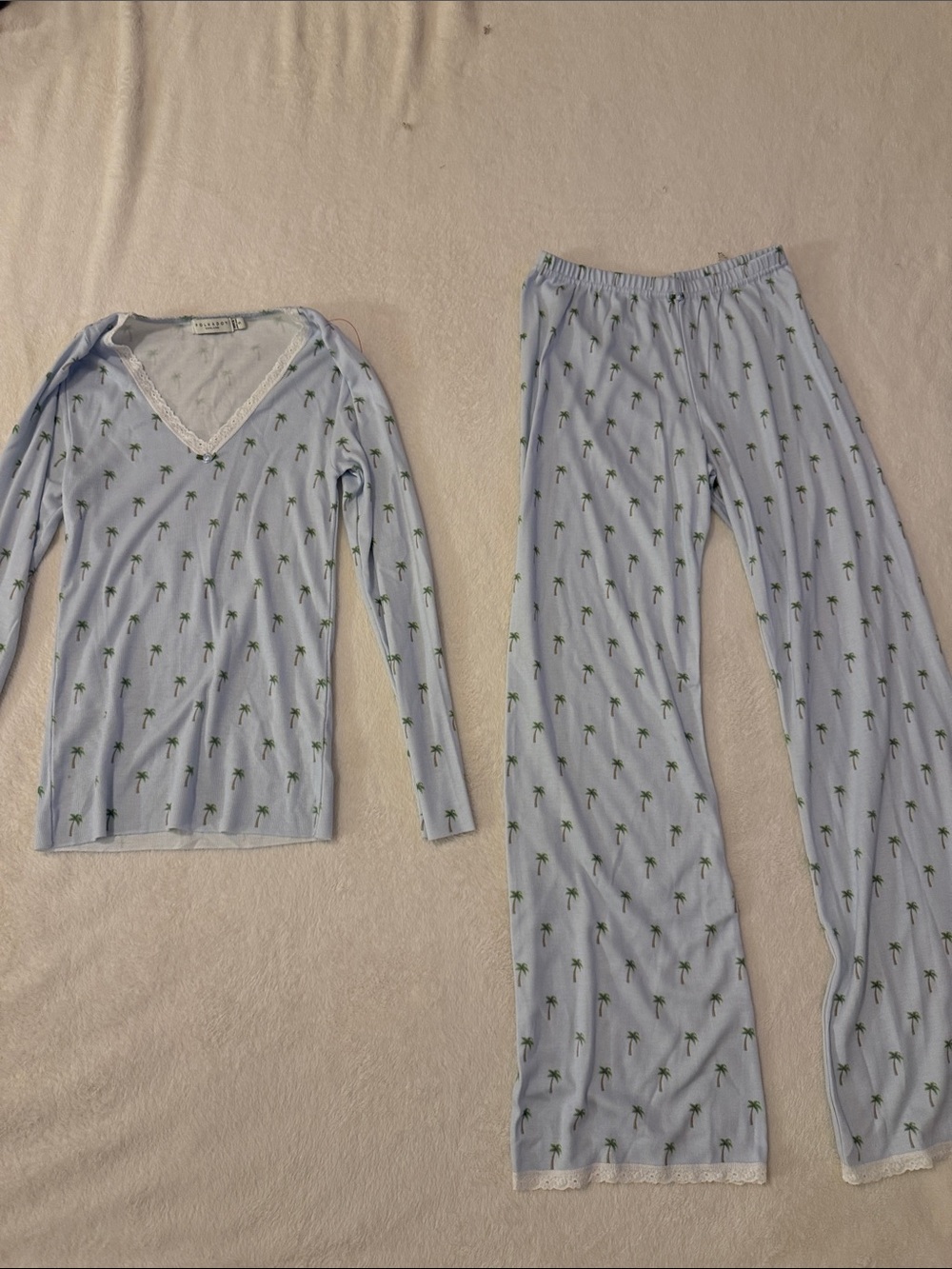Light Blue Palm-Print Pajama Set with Lace Trim